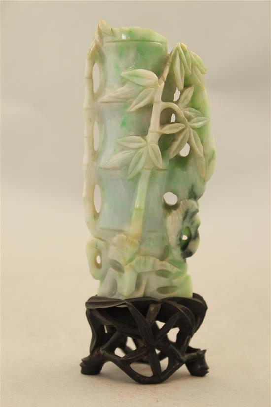 A Chinese jadeite peacock and bamboo vase, early 20th century, 11.3cm, bamboo sprig carved wood stand